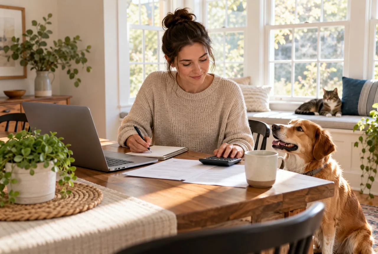 Owner using a calculator and notebook at a table, with a dog beside her and a cat on the sofa